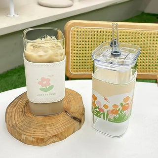 1 PC 400ml Square Glass Coffee Cup with Lid & Straw