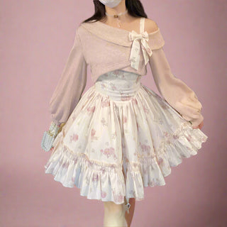 2-Piece Pink Floral Dress & Knitted Bow Cardigan Set
