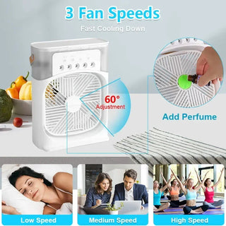 3-in-1 Multifunctional Mini Humidifying Fan | USB Rechargeable + 7-Colour Night Light
