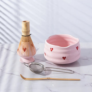 5-Piece Pink Heart Ceramic Matcha Set – Cute Matcha Bowl, Whisk, Holder, Scoop & Sifter