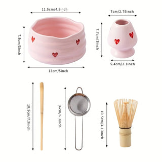 5-Piece Pink Heart Ceramic Matcha Set – Cute Matcha Bowl, Whisk, Holder, Scoop & Sifter