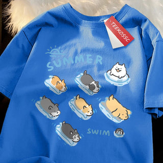 Cat and Dog Swimming T-Shirt – Japanese Style Cotton Tee