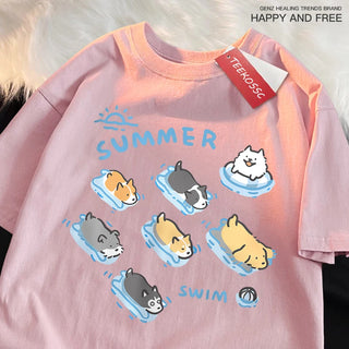 Cat and Dog Swimming T-Shirt – Japanese Style Cotton Tee