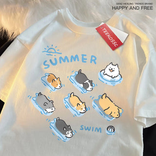 Cat and Dog Swimming T-Shirt – Japanese Style Cotton Tee