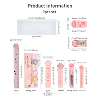 Cat Paw Stationery Gift Set – 9pcs Cute School Supplies with Pencil Box