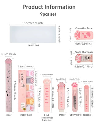 Cat Paw Stationery Gift Set – 9pcs Cute School Supplies with Pencil Box