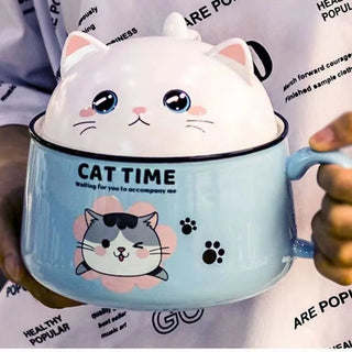 Cat Time Ramen Bowl – 1000ml Ceramic Noodle Bowl with Cat Lid