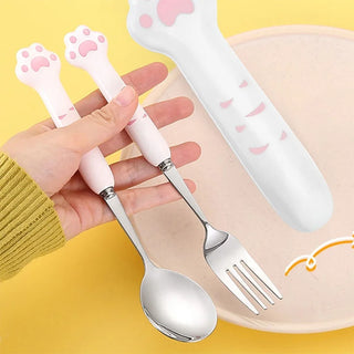 Cute Cat Paw Cutlery Set – Spoon & Fork with Storage Box
