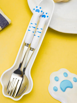 Cute Cat Paw Cutlery Set – Spoon & Fork with Storage Box