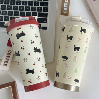 Cute Cherry Cat Coffee Tumbler 500ml Kawaii Water Bottle Stainless Steel Thermal Cup With Straw