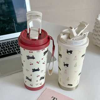 Cute Cherry Cat Coffee Tumbler 500ml Kawaii Water Bottle Stainless Steel Thermal Cup With Straw
