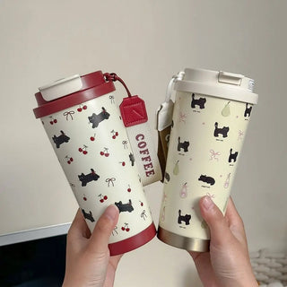 Cute Cherry Cat Coffee Tumbler 500ml Kawaii Water Bottle Stainless Steel Thermal Cup With Straw