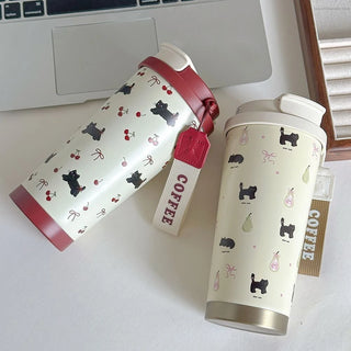 Cute Cherry Cat Coffee Tumbler 500ml Kawaii Water Bottle Stainless Steel Thermal Cup With Straw