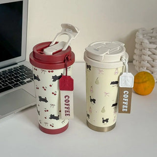 Cute Cherry Cat Coffee Tumbler 500ml Kawaii Water Bottle Stainless Steel Thermal Cup With Straw
