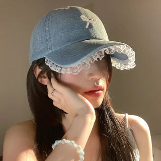 Cute Denim Lace Bow Womens Cap 56-58cm Accessories by The Kawaii Shoppu | The Kawaii Shoppu