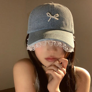 Cute Denim Lace Bow Womens Cap 56-58cm Accessories by The Kawaii Shoppu | The Kawaii Shoppu