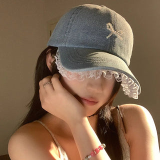 Cute Denim Lace Bow Womens Cap 56-58cm Accessories by The Kawaii Shoppu | The Kawaii Shoppu