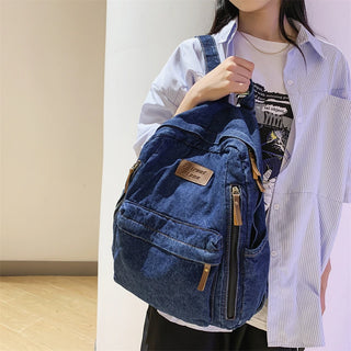 Denim Fashion Backpack Multi-Pocket School Rucksack