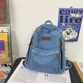 Denim Fashion Backpack Multi-Pocket School Rucksack