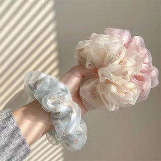 Fashion Flower Print Double Layer Silk Organza Hair Scrunchies Hair Accessories by The Kawaii Shoppu | The Kawaii Shoppu