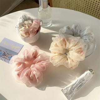 Fashion Flower Print Double Layer Silk Organza Hair Scrunchies Hair Accessories by The Kawaii Shoppu | The Kawaii Shoppu