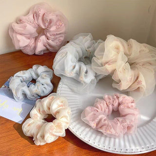 Fashion Flower Print Double Layer Silk Organza Hair Scrunchies Hair Accessories by The Kawaii Shoppu | The Kawaii Shoppu