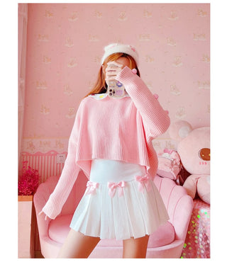 High Waist Mini Pleated Bow Skirt White Clothing and Accessories The Kawaii Shoppu