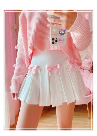High Waist Mini Pleated Bow Skirt White Clothing and Accessories The Kawaii Shoppu