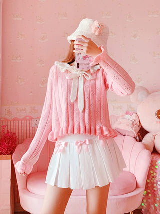 High Waist Mini Pleated Bow Skirt White Clothing and Accessories The Kawaii Shoppu