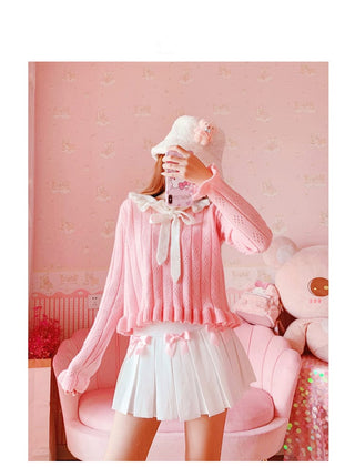 High Waist Mini Pleated Bow Skirt White Clothing and Accessories The Kawaii Shoppu