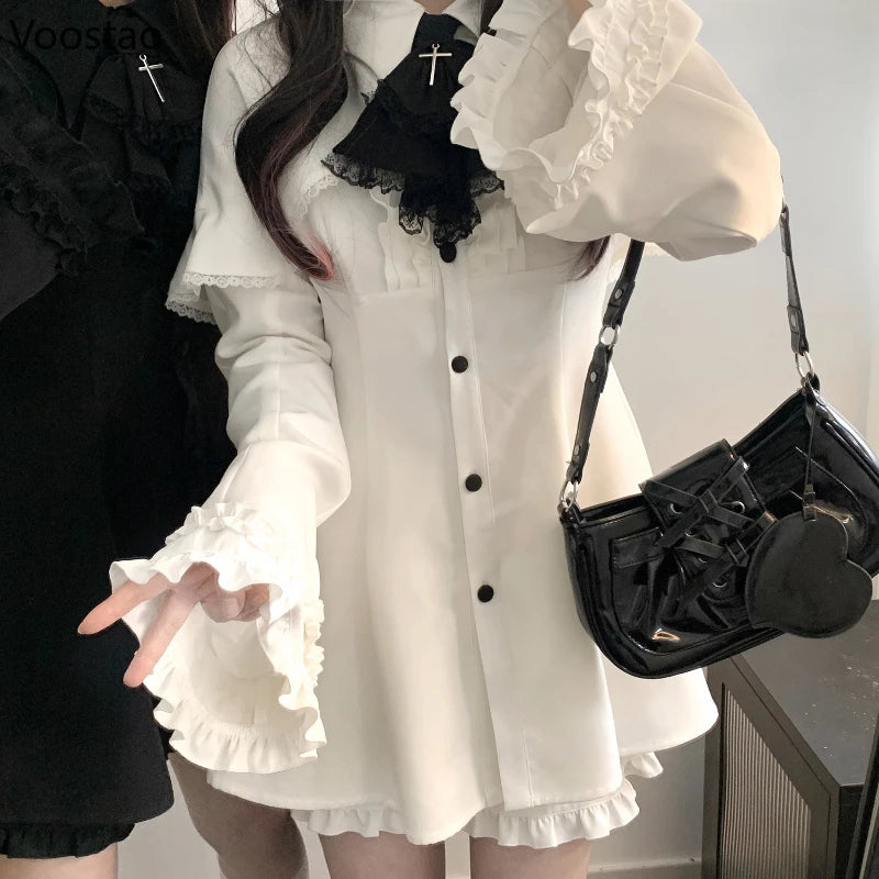 Japanese Y2K Vintage Dress Set – Flare Sleeve Patchwork Mini Dress (S– – The Kawaii Shoppu