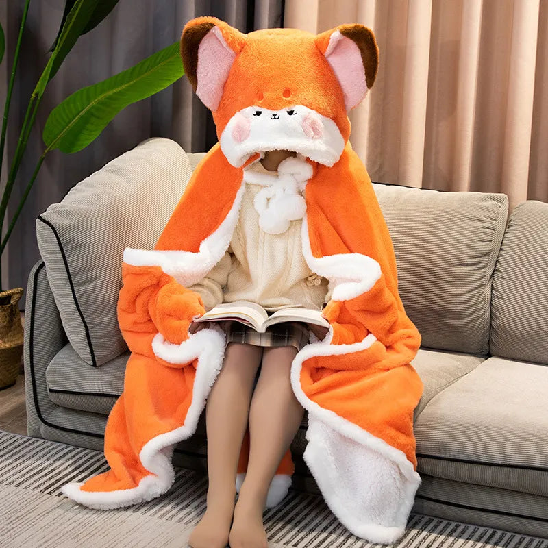 Kawaii Cartoon Fox Paw Plush Hooded Blanket Pajamas