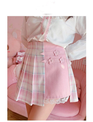 Kawaii Patchwork Plaid Sakura Skirt Pink Clothing and Accessories The Kawaii Shoppu