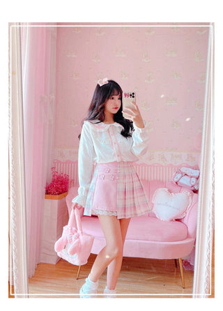 Kawaii Patchwork Plaid Sakura Skirt Pink Clothing and Accessories The Kawaii Shoppu