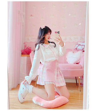 Kawaii Patchwork Plaid Sakura Skirt Pink Clothing and Accessories The Kawaii Shoppu