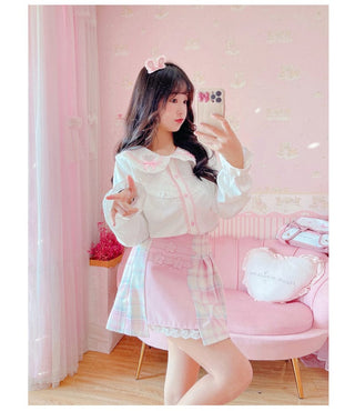 Kawaii Patchwork Plaid Sakura Skirt Pink Clothing and Accessories The Kawaii Shoppu