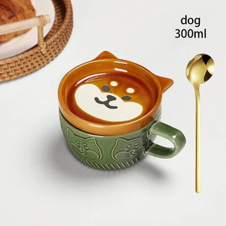 Kawaii Pet Coffee Mug with Lid – Ceramic Breakfast Cup 300ml