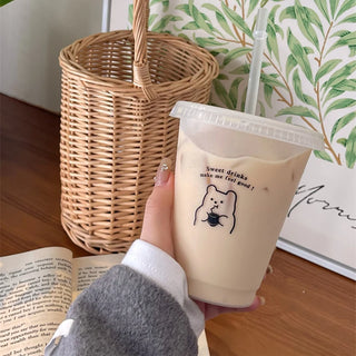 Kawaii Plastic Water Bottle with Lid and Straw Reusable Cold Drink Cup