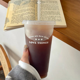 Kawaii Plastic Water Bottle with Lid and Straw Reusable Cold Drink Cup