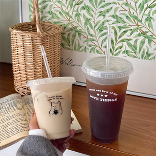 Kawaii Plastic Water Bottle with Lid and Straw Reusable Cold Drink Cup