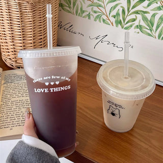 Kawaii Plastic Water Bottle with Lid and Straw Reusable Cold Drink Cup