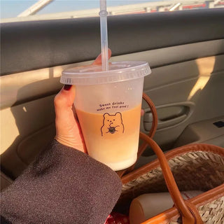 Kawaii Plastic Water Bottle with Lid and Straw Reusable Cold Drink Cup