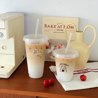 Kawaii Plastic Water Bottle with Lid and Straw Reusable Cold Drink Cup
