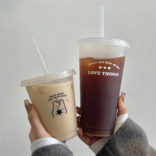 Kawaii Plastic Water Bottle with Lid and Straw Reusable Cold Drink Cup