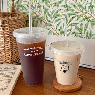 Kawaii Plastic Water Bottle with Lid and Straw Reusable Cold Drink Cup