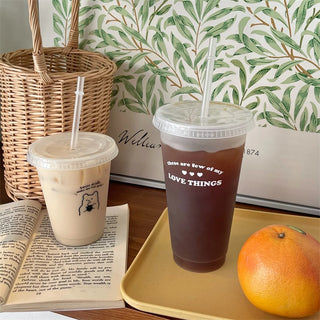 Kawaii Plastic Water Bottle with Lid and Straw Reusable Cold Drink Cup