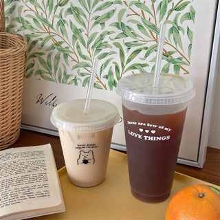 Kawaii Plastic Water Bottle with Lid and Straw Reusable Cold Drink Cup