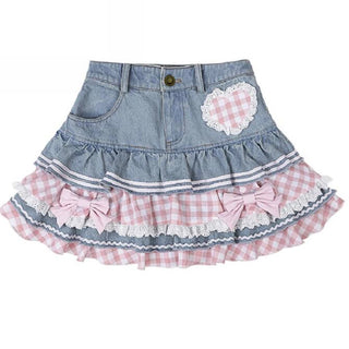 Kawaii Punk Denim Skirt – Preppy Harajuku Y2K Lace Mini Skirt