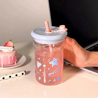 Kawaii Star Glass Bottle – 560ml Aesthetic Tumbler with Lid & Straw