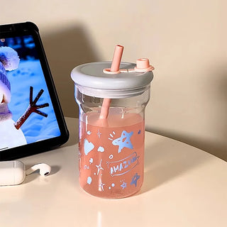 Kawaii Star Glass Bottle – 560ml Aesthetic Tumbler with Lid & Straw